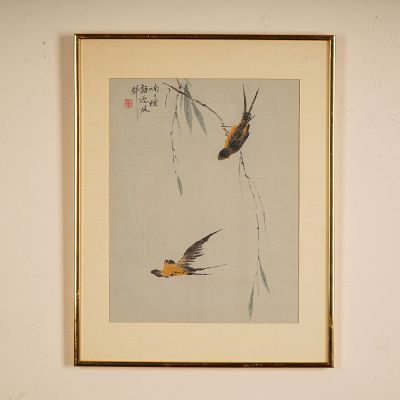 Chinese Textile Art after Qing Dynasty Painter Hua Yan, Swallows in Flight. A refined Asian 