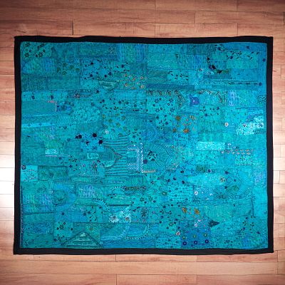 Indian Kashmiri Patchwork Embroidered & Beaded Turquoise Tapestry. An exquisite Indian Kashmiri 