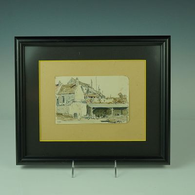 Original Ink and Watercolor, Village Scene, Signed. Original ink and watercolor drawing, signed 