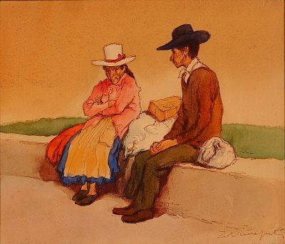Watercolor and Ink on Paper Painting, Andean Couple, Signed. Delicate watercolor and ink on rag 