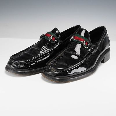 Gucci Men's Black Patent Leather Loafers with Web Strap. These Gucci men's black patent leather 