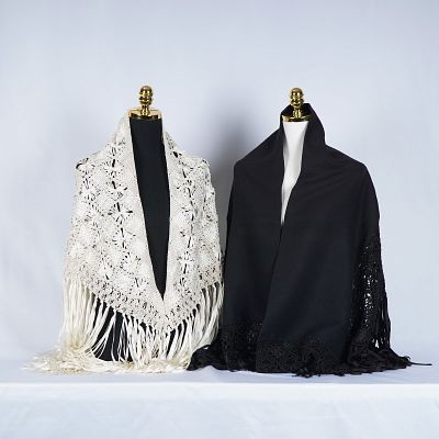 2pc Knit and Crocheted Fringe Wraps. Fringed wraps each showcasing intricate craftsmanship and 