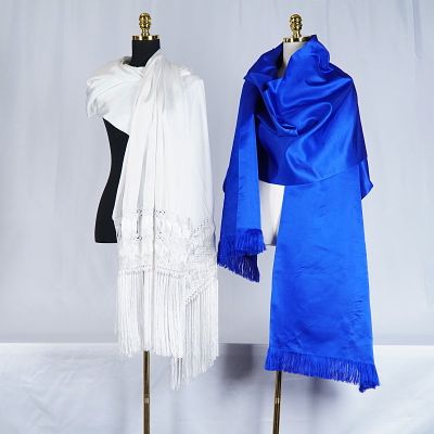 2pc Satin and Fringe Edged Long Wraps. Satin long wraps including one in royal blue with fringe 