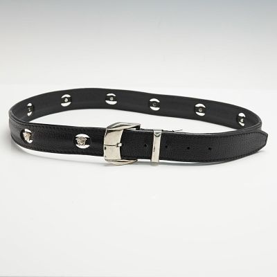 Versace VT1 Medusa Studded Black Leather Belt. An Italian leather belt featuring circular cutout 