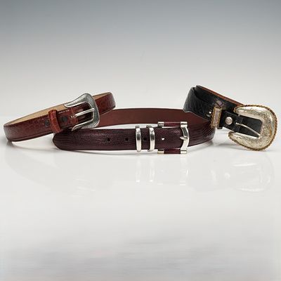 3pc Saks Fifth Avenue and Al Beres USA Leather Belts. A group of three mens belts including a 