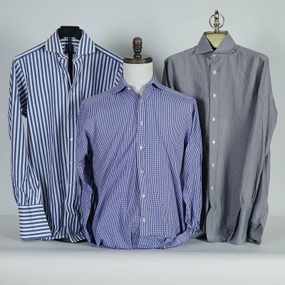 3pc Hilditch & Key and Thomas Pink Men's Striped Dress Shirts. Includes a blue-and-white bold 