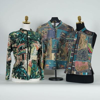 3pc Chico's Design Women's Printed Jackets & Vest. Includes a long-sleeve zip-front jacket 