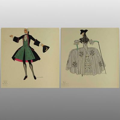 H. & C. Condon, 2pc Theater Costume Design Watercolors on Paper, Signed. A striking pair of 