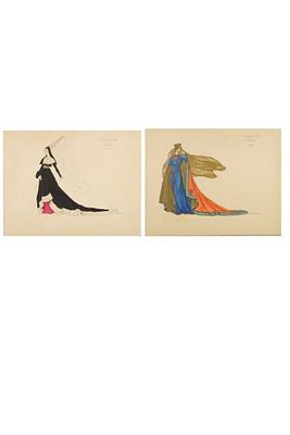 H. & C. Condon, 2pc Theater Costume Design Watercolors on Paper, Signed. This captivating duo of 
