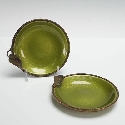 Pair of Evans Hand Enameled Ring/Coin Dishes with Braided Leaf Design. Each dish features a rich 