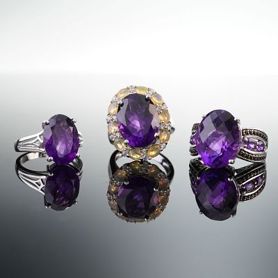 3pc Sterling Silver Cocktail Rings with Purple Gemstones. This set includes three stunning 