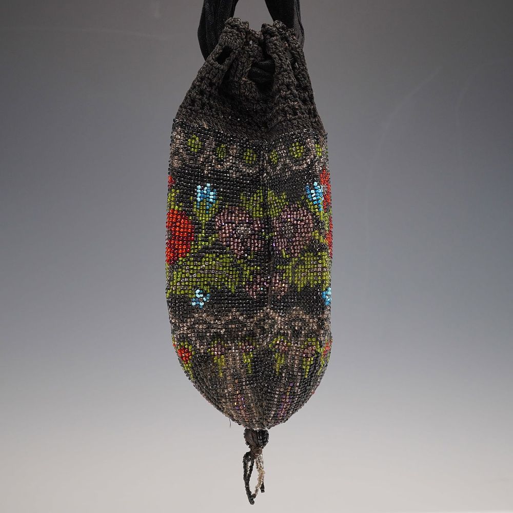 Crocheted Glass Bead Cinch Handbag with Velvet Handle. Charming vintage crocheted glass bead 