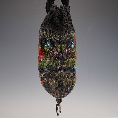 Crocheted Glass Bead Cinch Handbag with Velvet Handle. Charming vintage crocheted glass bead 