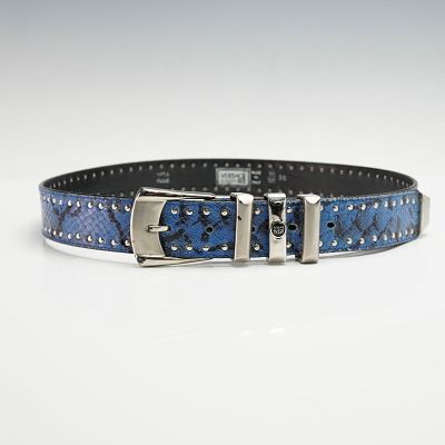 Versace V2 Classic Snakeskin Leather Belt. Blue snakeskin-patterned leather with metal stud 