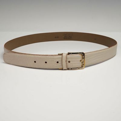 OGGI Italian Leather Embossed Belt. Leather belt featuring an elegant cream-toned embossed 