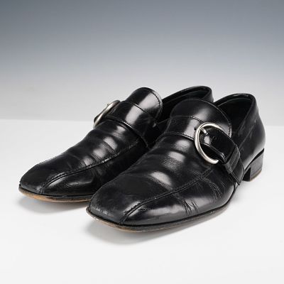 Prada Men's Black Leather Loafers with Silver Ring Buckle. These Prada men's black leather 