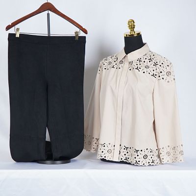 Tahari Velda Cotton Poplin Shirt with Black Dress Pants. A two-piece ensemble includes a beige 