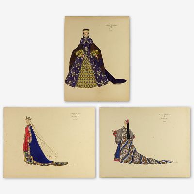 H. & C. Condon, 3pc Costume Design Watercolors & Ink on Paper, Signed. This elegant trio of 
