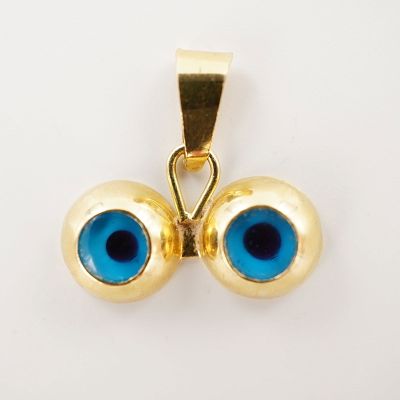 14K Gold Double Blue Eye Pendant. Formed with two adjoining blue and black eye insets mounted in 