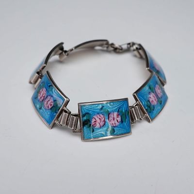 Sterling Silver Guilloche Floral Enamel Link Bracelet. A vintage sterling silver bracelet 