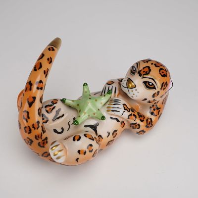 Hollohaza by Lynn Chase Figurine, Otter With Leopard Spots. A hand painted Hollohaza porcelain 