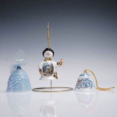 3pc Porcelain Holiday Bell and Snowman Ornament Collection. Charming trio of fine porcelain 