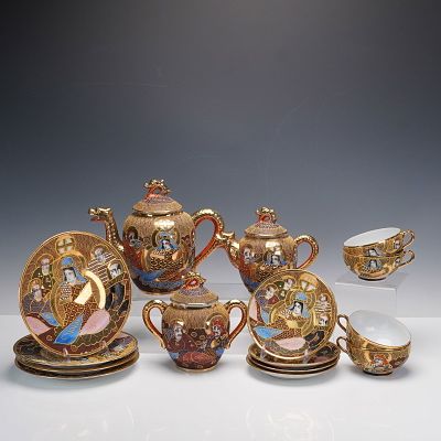 15pc Hand Painted Egg Porcelain Shimazu Crest Satsuma Tea Set. Including one large teapot with a 