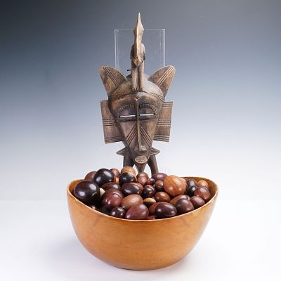 3pc African Senufo Mask & Wooden Bowl with Nuts. A hand-carved African Senufo-style wooden mask 