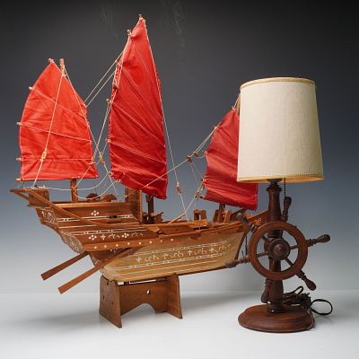 2pc Wooden Chinese Junk Ship and Nautical Themed Table Lamp. A two-piece lot including a 