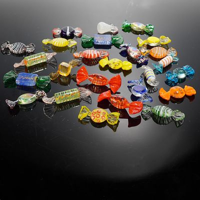 26pc Art Glass Wrapped Candy Figurines. Collection of twenty-six handblown art glass wrapped 