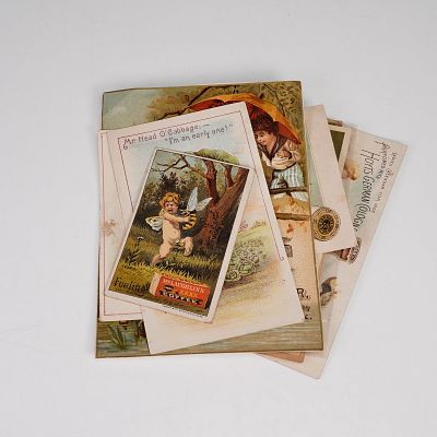 Set of 10 19th Century Advertising Trade Cards. Collection of ten colorful Victorian-era 