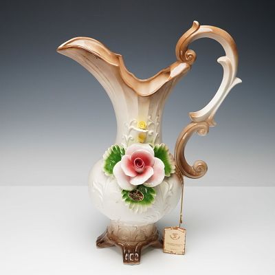 Nuova Capodimonte Large Pink Rose Pitcher. Nuova Capodimonte porcelain pitcher made in Italy 