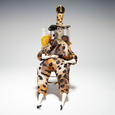 Poupee by Isabelle Porcelain Doll, Leopard Print Outfit and Chair. Vintage handcrafted fashion 