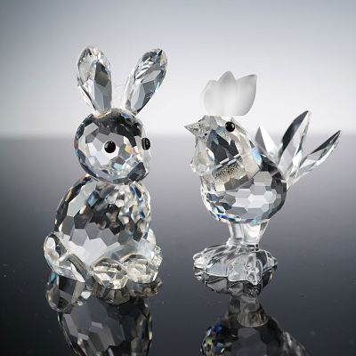 2pc Swarovski Crystal Figurines, Mother Rabbit & Rooster. The rabbit features upright faceted 
