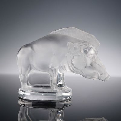 Lalique Crystal Paperweight, Sanglier Boar Mascot. This clear and frosted Lalique crystal 