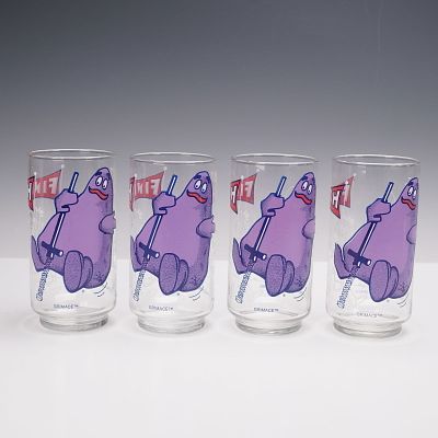 4pc Grimace McDonaldland Glasses 1977 Action Series. This set features four vintage Grimace 