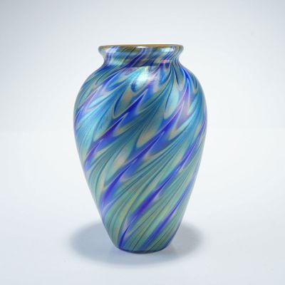 Lundberg Art Glass Iridescent Pulled Feather Vase. Iridescent art glass vase with a 