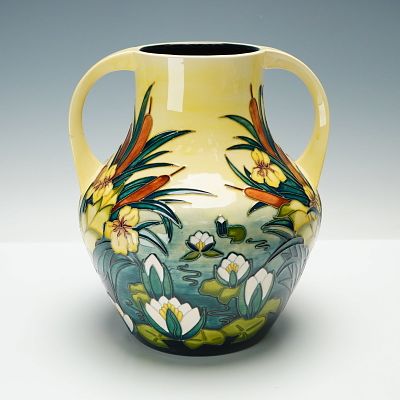 Moorcroft by Rachel Bishop Pottery Double Handled Vase, Lamia. This tube lined ceramic form 