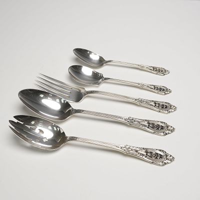 5pc Wallace Sterling Silver Flatware, Rose Point. Showcasing the company's signature 