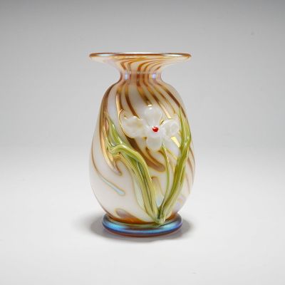 Zephyr Glass Works Raised Floral Vase. Handcrafted glass vase featuring a softly iridescent 