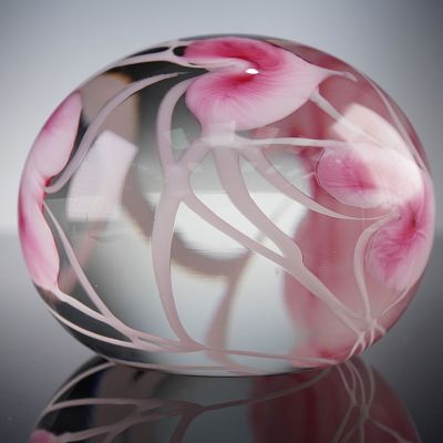 Lotton Studios Art Glass Paperweight, with Pink Abstract Floral. A spherical studio art glass 