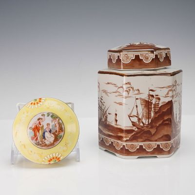2pc Porcelain Tea Canister and Lidded Dish. This 2 piece grouping features a small yellow 