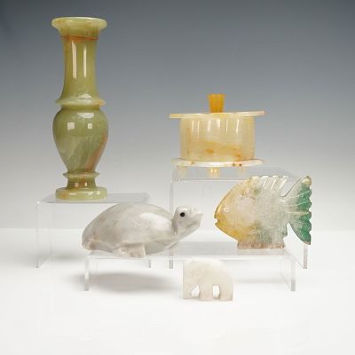 5pc Carved Stone Vanity Box, Bud Vase and Paperweights Figurines. A five-piece assortment of 