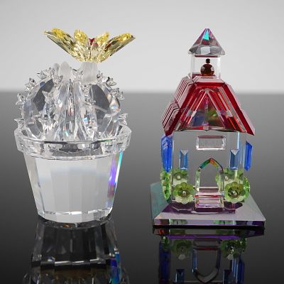 2 Swarovski & Iris Arc Crystal Figurines - Flowering Cactus & Schoolhouse. A pair of faceted 