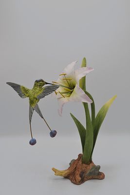 Boehm Porcelain Racquet-tail Hummingbird With Lily Sculpture, 2003. Bisque Porcelain Decorated 
