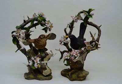 Boehm Porcelain Black Birds W/Cherry Blossoms, Pair, 1973. Fine Bone China, Decorated, hand 