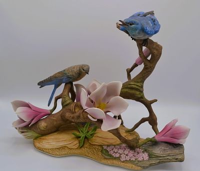 Boehm Porcelain Mountain Bluebirds On Flowering Magnolia Sculpture, 1963. Bisque Porcelain 