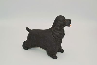 Boehm Porcelain Cocker Spaniel Dog Sculpture, Black, 1980. Bisque Porcelain Decorated, hand 