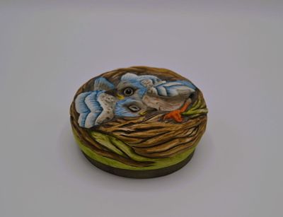 Boehm Porcelain Baby Lazuli Buntings Paperweight, 1970. Bisque Porcelain Decorated, hand created 