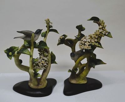 2 Cybis Porcelain Blue Headed Verios w/ Lilac Sculptures, 1967. Bisque Porcelain Decorated, hand 